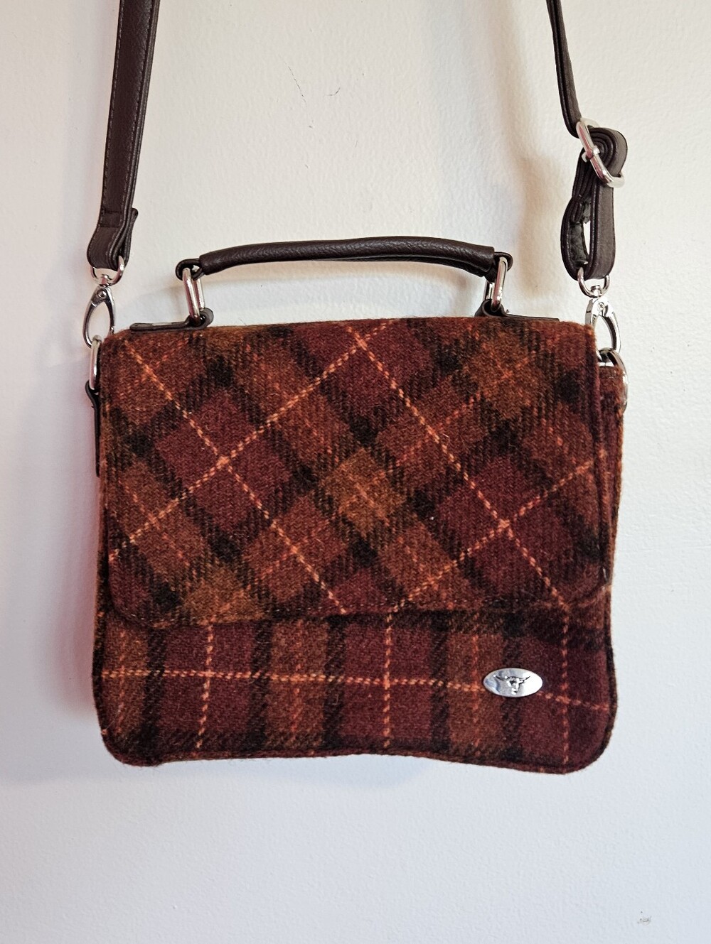 Harris Tweed Plaid Wool Crossbody Bag in Brown